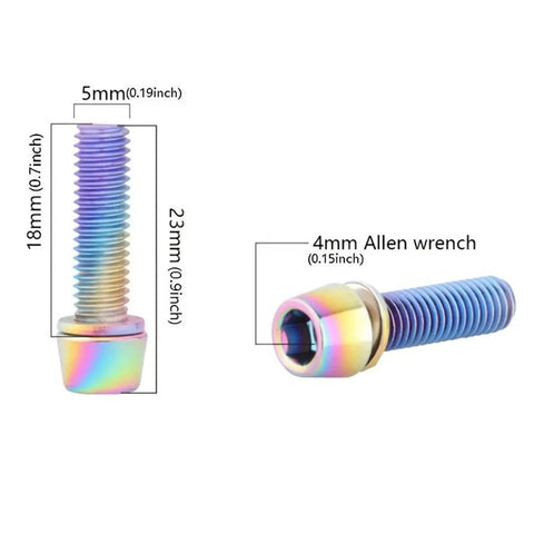 Pack Of Five M5 X 10 mm Cone Point Hex Socket Grub Screws With A Dope Rainbow Anodized Coating And Bulletproof TC4 Titanium Construction For Easy Zero Sweat Installation shown with measurements.