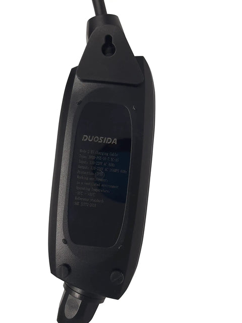 Straight Up Heavy Duty Level 1 Plus 2 EV Charger With 25 Ft Cable 16 Amp 120 To 240 Volt Nema 6 20 Plug showing black charging connector with specifications.
