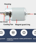 Beefy Electric Gear Motor RS 550VC 7527 DC 12 To 24V Cordless Hand Drills And Power Tools with labeled components.