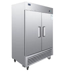 Straight Up Heavy Duty 2 Door Commercial Freezer Refrigerator Cooler Upright Reach In Stainless Steel ETL Certified 49 Cubic Fan Cooled Kitchen Appliance For Restaurant And Shop - front view.