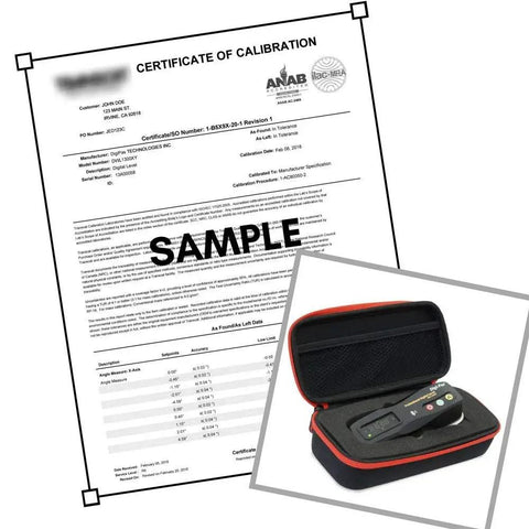 Certificate of calibration alongside Hardcore Pro Dual Axis Digital Precision Level With Bluetooth Data Sync Nist Certified Accuracy