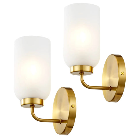 Gold Brushed Brass Wall Sconce Set of 2, Dope Modern Industrial Hardwired Lighting with Frosted Glass Shades for Living Room and Powder Room