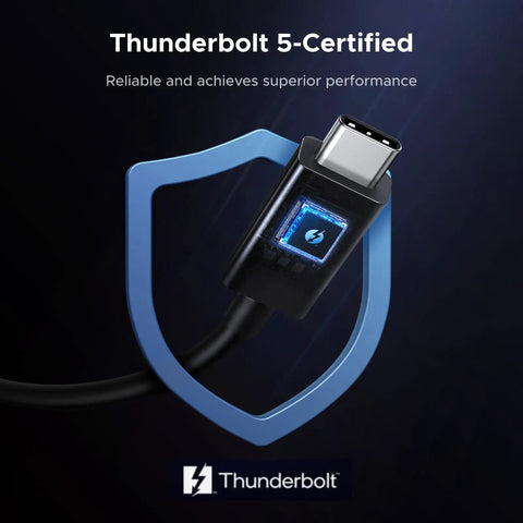 Close-up of Thunderbolt 5-certified USB-C connector showcasing superior performance and reliability for data transfers.