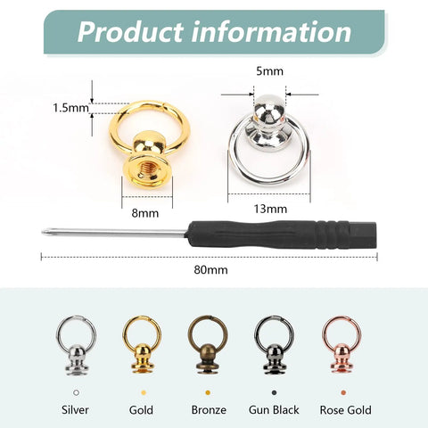 Top Shelf 50 Piece Screw Back Round Head Rivets Pull Ring Studs With Screwdriver Zinc Alloy Finish, gold and silver accents.