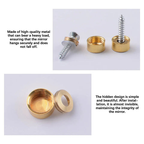 Top Shelf Real Deal Copper Mirror Screws, Brushed Gold Decorative Caps for Bathroom Mirrors and Glass Tables, showing screws and caps.
