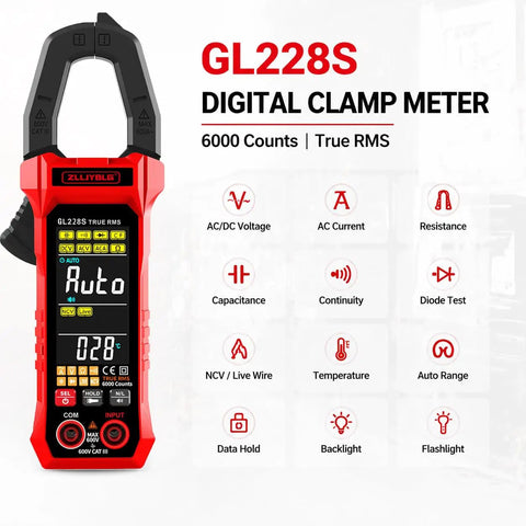 Pro Grade True RMS Clamp Meter For DIY And Pros 6000 Counts Multimeter Measures AC DC Voltage And 600A Current NCV Live Wire Detector Auto Range Overload Protection Capacitance Resistance Diode Test Handy For Home And Industrial Repairs red digital clamp meter