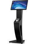 Floor Stand Kiosk For Monitors And Printer Slot 15 To 32 Inches Supports Up To 60 Lbs VESA Compatible With Center Cable Routing And Lockable Access Panel Ideal For Check In And POS Stations Black, shown from the front with monitor and printer slot visible.