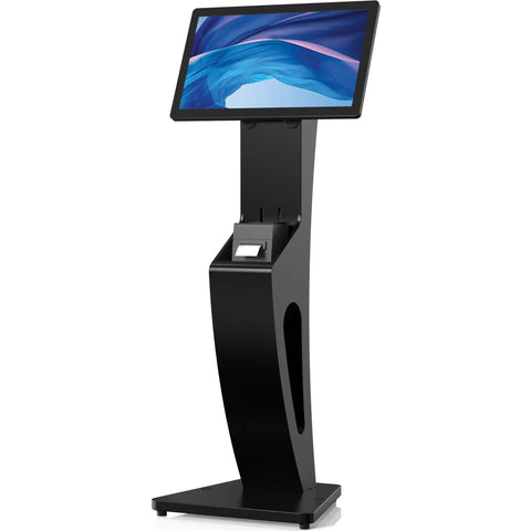 Floor Stand Kiosk For Monitors And Printer Slot 15 To 32 Inches Supports Up To 60 Lbs VESA Compatible With Center Cable Routing And Lockable Access Panel Ideal For Check In And POS Stations Black, shown from the front with monitor and printer slot visible.