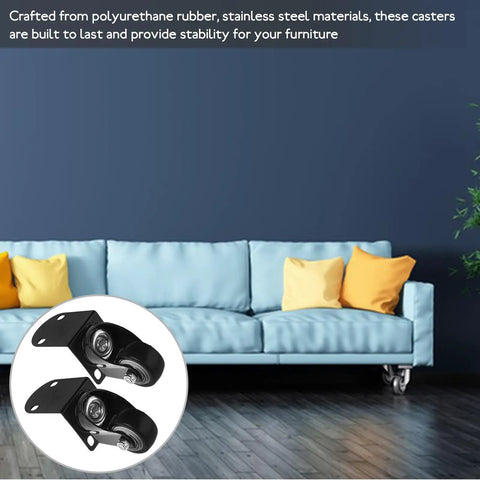Zero Fuss One Point Five Inch Silent Swivel Casters For Furniture Cabinets And Drawers featuring snug side mount brackets on a sofa.