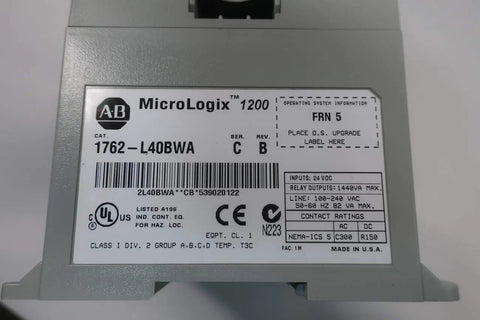MicroLogix 1200 Programmable Controller 1762-L40BWA Series C PLC Module D536489 Replacement label close-up
