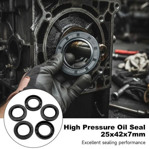 Installed view: five black nitrile high‑pressure oil seals with springs for rotary shafts, 25x42x7 mm.