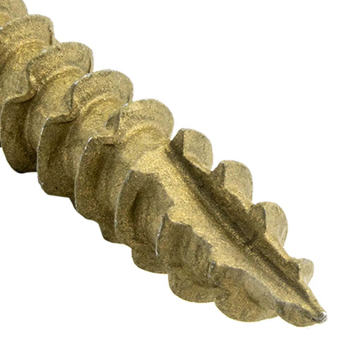Close-up of tip on Heavy Duty Exterior Coated Lag Screw 14 By 5 Inch Torx And Star Drive Wood Screw with sharp threading detail
