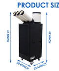 Product size dimensions of the Commercial Grade Heavy Duty 220V Portable Air Conditioner with drain tank and wheels.