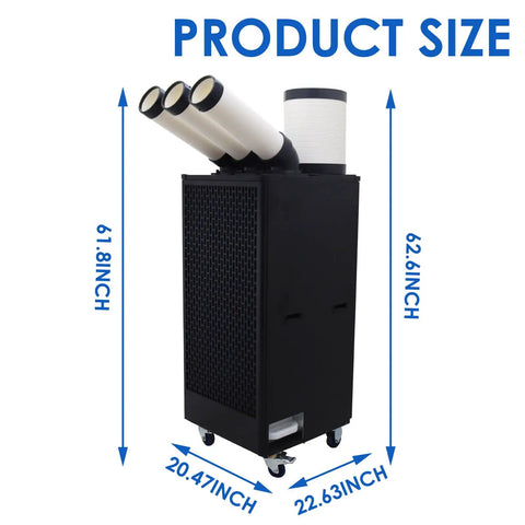 Product size dimensions of the Commercial Grade Heavy Duty 220V Portable Air Conditioner with drain tank and wheels.