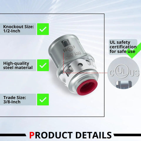 Close-up of a 20 Pack Snap In Mc Cable Connector showing UL safety certification and steel material details.
