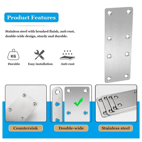 Heavy Duty Stainless Steel Mending Plates 12 Pack With Screws, showing brushed finish and pre-drilled holes for easy installation.