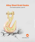 Alloy steel grab hook with solid shaft pin, featured in Three Eighths Inch 20 Foot G80 Tow Chain With Grab Hooks Galvanized Manganese Steel 7100 Lb WLL DOT Certified Two Pack