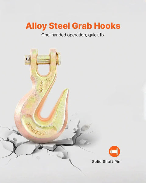Alloy steel grab hook with solid shaft pin, featured in Three Eighths Inch 20 Foot G80 Tow Chain With Grab Hooks Galvanized Manganese Steel 7100 Lb WLL DOT Certified Two Pack