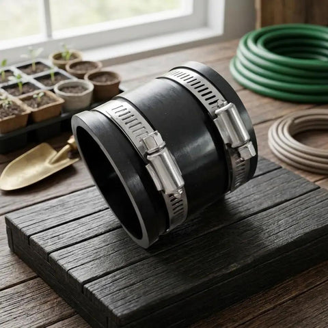 Top Notch Flexible Pipe Coupling Kit For 1 Inch PVC And Rubber Drain Repair Clamps Fast Fix For Leaky Sewer Lines Easy Install Plumbing Connection black rubber coupling with stainless steel clamps on wood table