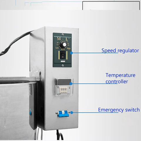 Control panel for Heavy Duty Automated Pneumatic Bottle Filler Featuring Stainless Steel Heating And Stirring Hopper with speed regulator.