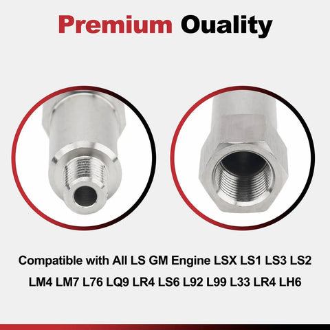 Stainless Steel Coolant Temperature Sensor Adapter For LS Engine Swaps M12 1.5 To Three Eighths Inch NPT Plug And Play Install Keeps OEM Sensors In Place On LS X LS1 LS3 LS2 LM4 LM7 L76 LQ9 LR4 LS6 And More GM LS Engines, stainless steel adapter close-up