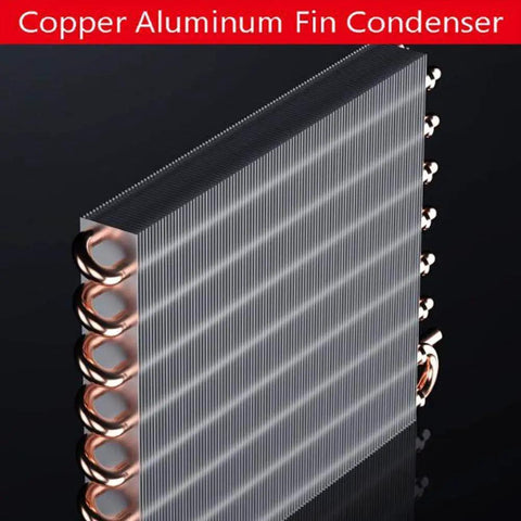 Copper aluminum fin condenser with polished fins and pipes, designed for efficient heat exchange in HVAC systems.