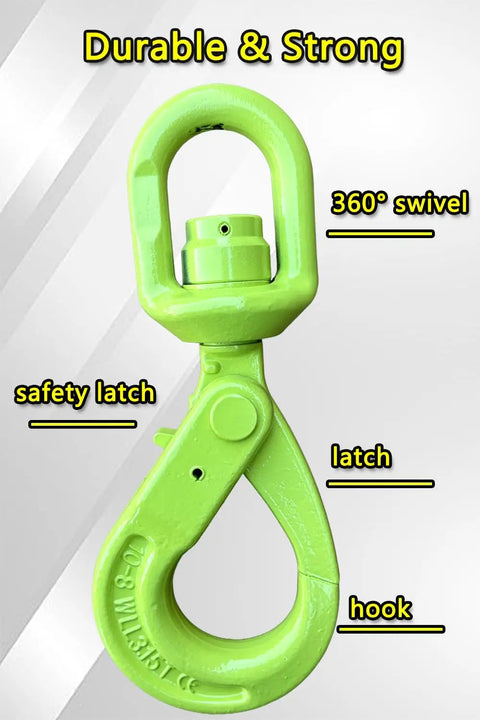Built Tough Heavy Duty Swivel Lifting Hook With 6945 Lbs Capacity For Hoists And Cargo Lifts 360 Degree Swivel Eye Self Locking Design To Prevent Chain Twist And Keep Your Gear Secure, green alloy steel hook