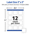 Hassle Free Printable Square Labels 2X2 Inch Matte White For Laser And Inkjet Printers 300 Count total label layout showing 12 labels per sheet.