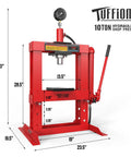 10 Ton Hydraulic Shop Press With Pressure Gauge And Press Plates, H Frame Benchtop Design, Adjustable Working Table Height, Red