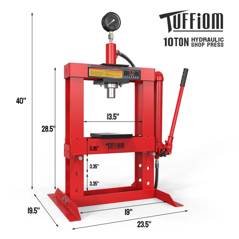 10 Ton Hydraulic Shop Press With Pressure Gauge And Press Plates, H Frame Benchtop Design, Adjustable Working Table Height, Red