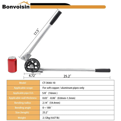 Five Eighth Inch OD Tubing Bender Manual Pipe Bender For Soft Copper And Aluminum Pipes with dimensions table