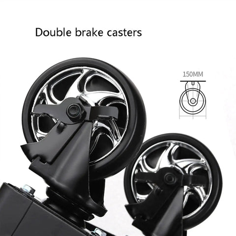 Close-up of double brake casters for Heavy Duty Rolling Tool Box With Seven Lockable Drawers, Steel Tool Chest Cart And Side Cabinet