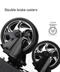 Close-up view of double brake casters on a Rolling 3 Drawer Tool Chest Cabinet for Garage and Workshop, Heavy Duty Tool Organizer.