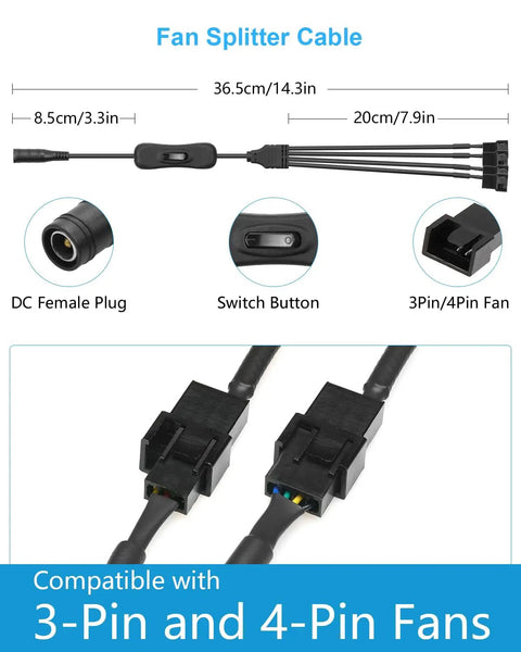 Fan splitter cable with DC plug, switch button, and 3/4-pin connectors for 12V PWM Fan Speed Controller And Power Supply For PC Cooling Rig