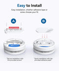 Top Shelf Photoelectric Smoke Detector With 9V Battery Operation And Ultra Sensitive Slow Smoldering Fire Alert Low Battery Warning Easy Install UL217 Certified Listing Heavy Duty Home Protection Four Pack Unit Bundle installation guide showing adhesive and screw options.
