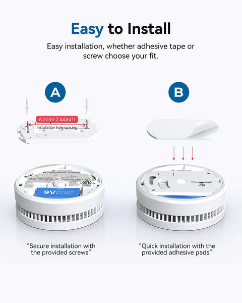 Top Shelf Photoelectric Smoke Detector With 9V Battery Operation And Ultra Sensitive Slow Smoldering Fire Alert Low Battery Warning Easy Install UL217 Certified Listing Heavy Duty Home Protection Four Pack Unit Bundle installation guide showing adhesive and screw options.