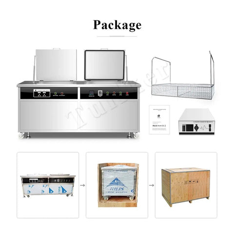 Hella Powerful Sixty One Liter Industrial Ultrasonic Cleaner Tank for Engine Blocks, includes dual tanks and accessories.