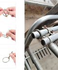 O Ring Lynch Pin Kit For Tractors Trailers Trucks And Mowers, Spring Steel Annular Ring Pins With Loop Lock in use on metal bars