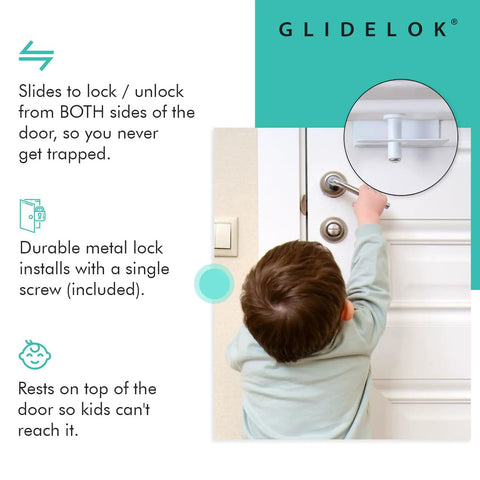 Straight Up Secure Metal Child Safety Door Lock For Ultimate Home Security, Top Mount Latch Swings Open From Either Side, Rock Solid Heavy Duty White Door Guard For Indoor And Outdoor Residential Doors, child operating locking mechanism.
