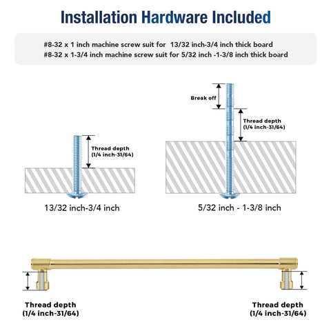 Dimensions and installation guide for Two Pack 10 Inch Brushed Gold Cabinet Handles with included hardware and measurements.