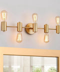 Five Light Vanity Fixture In Dope Gold Finish Over Mirror Modern Wall Sconces For Bedroom And Living Room E26 Base 28 Inch Long 4.7 Inch High 5.1 Inch Extension Bulbs Not Included installed above a mirror