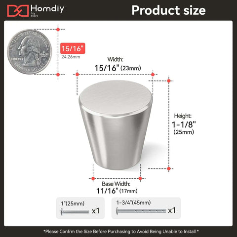 Killer Slick Brushed Nickel Cabinet Knobs and Dresser Knobs for Kitchen Bathroom Bedroom Drawer Hardware Replacement 15 Pack showing size details and dimensions.