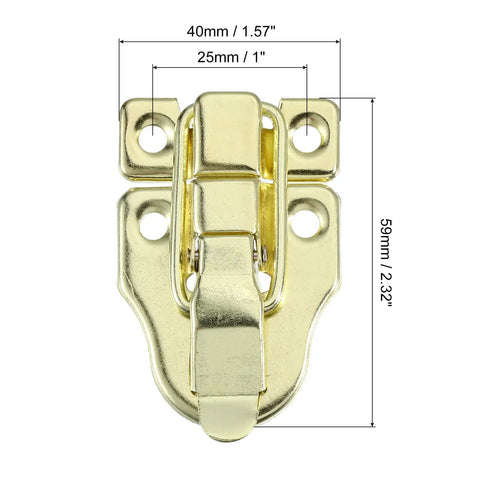 Gold Finish Duck-Billed Toggle Hasp Latch Set For Boxes And Chests, Metal Box Latch With Mounting Screws, 2 Pack, front view with measurements