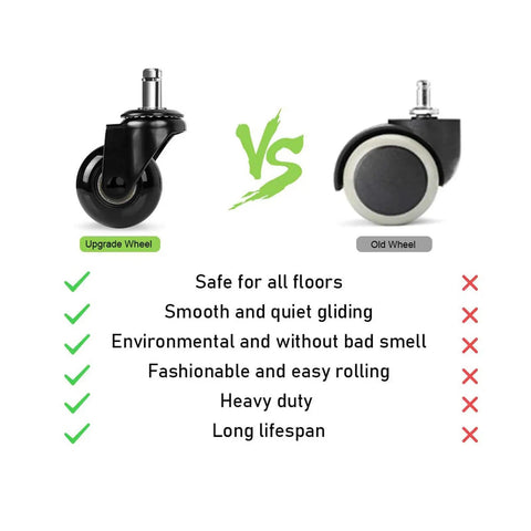 Comparison of Heavy Duty 2 Inch Office Chair Caster Wheels Set Of Five Replacement Polyurethane Rollers and old wheels.