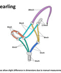 Illustration of Yearling Size Turquoise Rope Halter For Horses, Super Sturdy Training Halter With Four Knots and stiff rope dimensions.