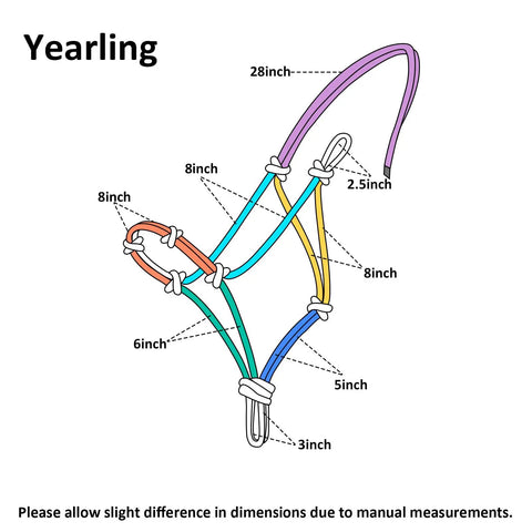 Illustration of Yearling Size Turquoise Rope Halter For Horses, Super Sturdy Training Halter With Four Knots and stiff rope dimensions.