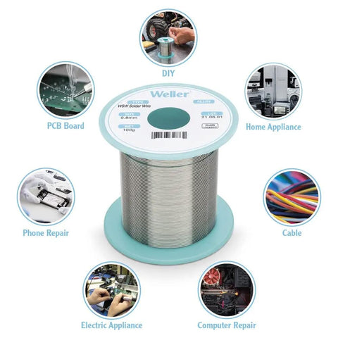 Lead Free Solder Wire Kit Sn99.3Cu0.6Ni0.05 With 3.5 Percent Flux For 0.3mm 0.5mm 0.8mm Diameters, 21g displayed with applications