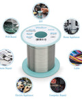 Sn60Pb40 Solder Wire With 2.2% Flux, 0.3 mm Diameter, 100 g Spool displayed with applications like DIY, PCB, cable, and repair uses.