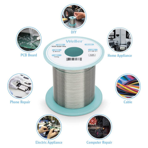 Sn60Pb40 Solder Wire With 2.2% Flux, 0.3 mm Diameter, 100 g Spool displayed with applications like DIY, PCB, cable, and repair uses.