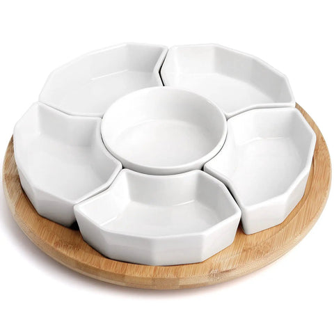 11 Inch Porcelain Lazy Susan Serving Tray Set With 360 Degree Rotating Base And Removable Divided Dishes, Ideal For Chips Dip Veggies